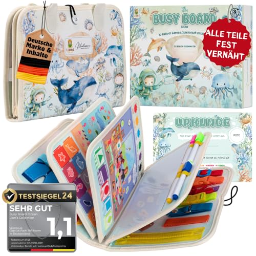 Lion’s Collection® Busy Board Deutsch - Montessori Spielzeug ab 3 Jahre zur Förderung von Motorik und Kreativität - Busy Book & Quiet Book auf 8 Seiten von Lions Collection