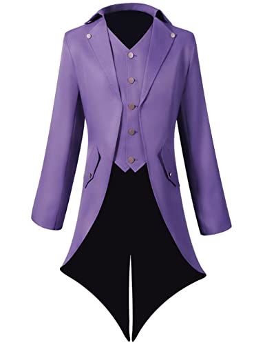 Herren Steampunk Vintage Frack Jacke Gothic Viktorianischen Frock Mantel Uniform Halloween Kostüm (lila, klein) von Lioop