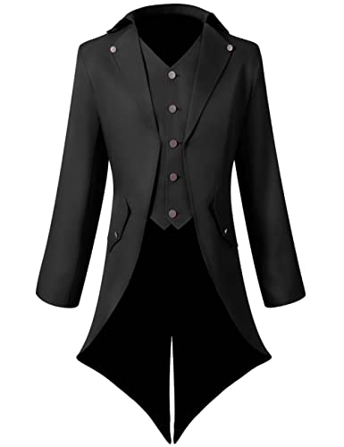 Herren Steampunk Vintage Frack Jacke Gothic viktorianischen Frock Mantel Uniform Halloween Kostüm (Schwarz, Medium) von Lioop