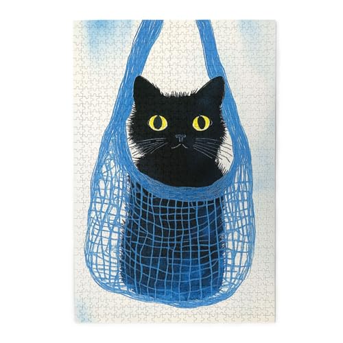 Liorosa 1000-teiliges lebendiges Puzzle, schwarze Katze, die aus blauem Netzbeutel schaut, skurriles Holzpuzzle, Aquarellkunst, geeignet für Familienerholung und Wanddekoration, Herausforderung für Liorosa 1000-teiliges lebendiges Puzzle, schwarze Katze, die aus blauem Netzbeutel schaut, skurriles Holzpuzzle, Aquarellkunst, geeignet für Familienerholung und Wanddekoration, Herausforderung für von Liorosa