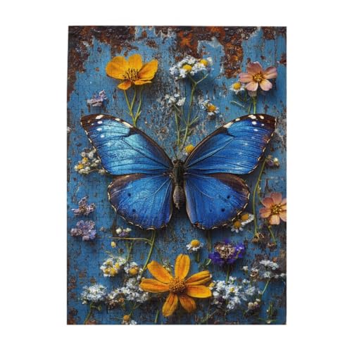 Liorosa 500-teiliges Puzzle – Atemberaubender blauer Schmetterling mit bunten Blumen, Holzpuzzle für Erwachsene, Stressabbau, Heimdekoration, geeignet für Familienfreizeit und Unterhaltung von Liorosa