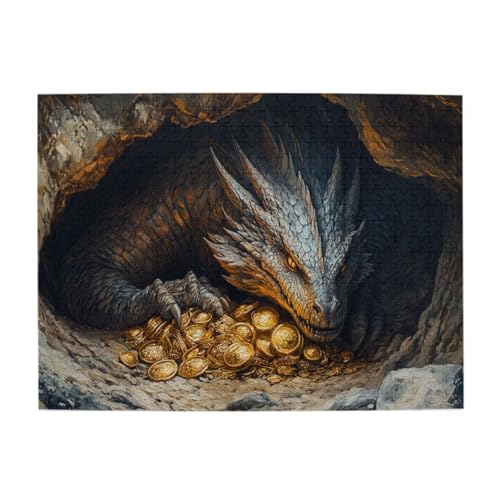 Liorosa 500-teiliges Puzzle für Erwachsene, Drachenreichtum Obsession, Goldfarben, Holzpuzzle für Fantasy-Liebhaber, Teile passen perfekt zusammen, Erkundungs-Hobbys und Herausforderungen von Liorosa