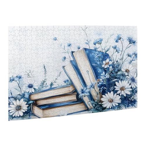 Liorosa 500-teiliges lebendiges Puzzle, gestapeltes antikes Buch, blaue Blüten in weichem Aquarell, Teile passen perfekt zusammen, Puzzles geeignet für Unterhaltung mit der Familie während der Ferien von Liorosa