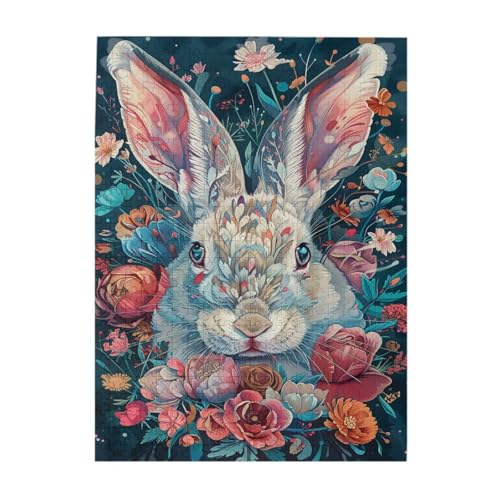 Liorosa Dreamy Rabbit Portrait 500-teiliges Puzzle für Erwachsene, ätherische blaue Blüten, wunderbare Phantasie, entspannende Holzpuzzles, ideal für Entspannung und Familienspaß von Liorosa