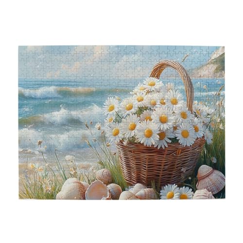 Liorosa Puzzle für Erwachsene, 500 Teile, Motiv: Gelassenheit am Meer, weiße Gänseblümchen in rustikalem Korb mit verstreuten Muscheln, entspannendes Holzpuzzle mit Meerblick, jedes Stück ist von Liorosa