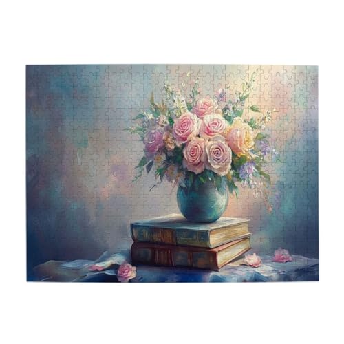 Liorosa Rosenvase und Buch, Holzpuzzle für Erwachsene, klassisches Ölgemälde-Design, Blumen-Illustration, geeignet für Heimdekoration, genießen Sie den Puzzle-Lösungsprozess, 500 Stück von Liorosa