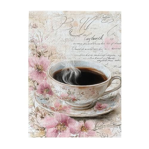Liorosa Vintage-Kaffee-Stillleben-Puzzle, 500 Teile, florale Porzellan-Tasse und handgeschriebene Buchstaben, Premium-Holzpuzzle, Retro, klassische Ästhetik, ideal für Entspannung und Familienspaß von Liorosa