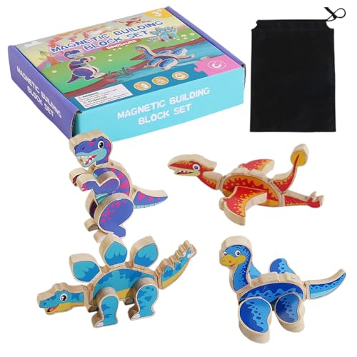 Dinosaur Puzzle – Magnetisches Dinosaurier-Spielzeug, 3D, Dinosaurierblöcke aus Holz | Dinosaurier-Form in drei Dimensionen, 4 x Tierspielzeug mit Aufbewahrungstasche von Liqzirtu