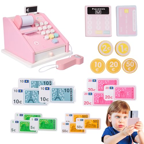 Holzspielzeugkasse, Kinder -Registrierkasse Geld Counting Toys | Buntes Kennzeichen spielen Sie Geld mit Scanner und Kreditkarte, Kassiererspielzeug für Vorschulkinder Holzregistrierkasse Holzgeldregi von Liqzirtu