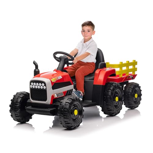 Elektrischer Traktor mit Anhänger, Kinder Aufsitztraktor mit Fernbedienung, Elektroauto mit LED Lichtern, Musik, Hupe & USB Funktionen, Kinderlast 50 kg, geeignet für Kinder ab 3 Jahren (Rot) von Lischwert