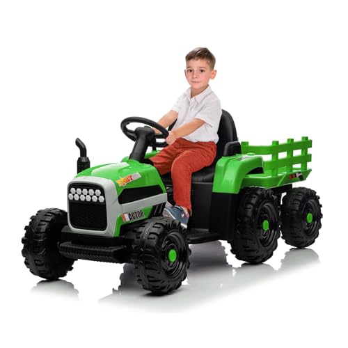 Elektrischer Traktor mit Anhänger, Kinder Aufsitztraktor mit Fernbedienung, Elektroauto mit LED Lichtern, Musik, Hupe & USB Funktionen, Kinderlast 50 kg, geeignet für Kinder ab 3 Jahren (Grün) von Lischwert