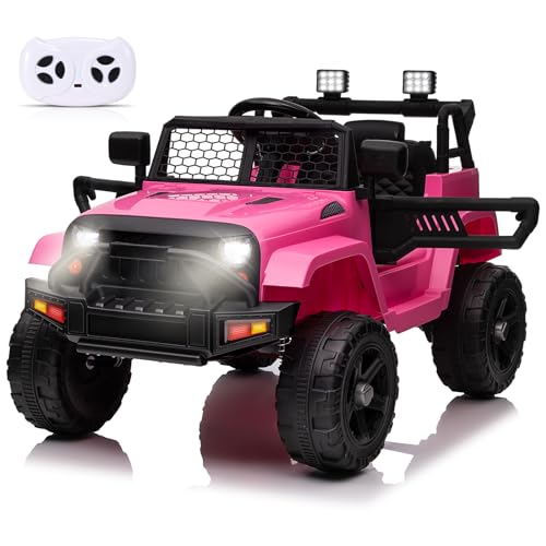 Elektroauto, 2,4-G-Fernbedienung, 12-V-batteriebetriebene Elektroautos für Kinder / 3 Geschwindigkeiten, LED-Leuchten, Sicherheitsgurt, Musik und Hupe, Bluetooth/FM/USB (Rosa) von Lischwert