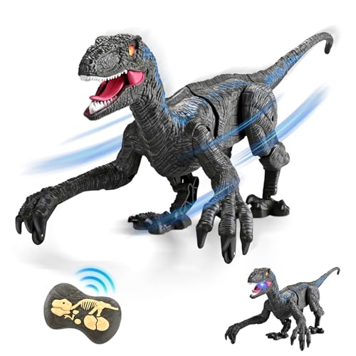 Ferngesteuertes Dinosaurier-Spielzeug, 2,4 G Jurassic Velociraptor-Spielzeug, imitiert Laufen und Geräusche, Simulations-Laufspielzeug mit 3D-Augen-LED-Licht, Kopfschütteln und Brüllen(grau) von Lischwert