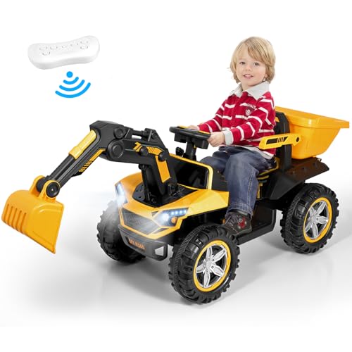 Kinder Bagger,Sitzbagger mit Lenkbarer Schaufel & Hupe, Rutschauto, 2,4 Ghz Fernbedienung & LED-Licht & Musik & USB, 12V Elektrofahrzeuge für Kinder ab 3 Jahre (Gelb) von Lischwert
