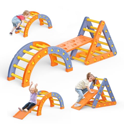 Lischwert Montessori Klettergerüst Set, Indoor Kletterdreieck mit Dreieckiges Klettergerüst,Halbkreis, Rutsche aus Kunststoff Kletterturnhalle für Babys (PJ003-Orangeblau) von Lischwert