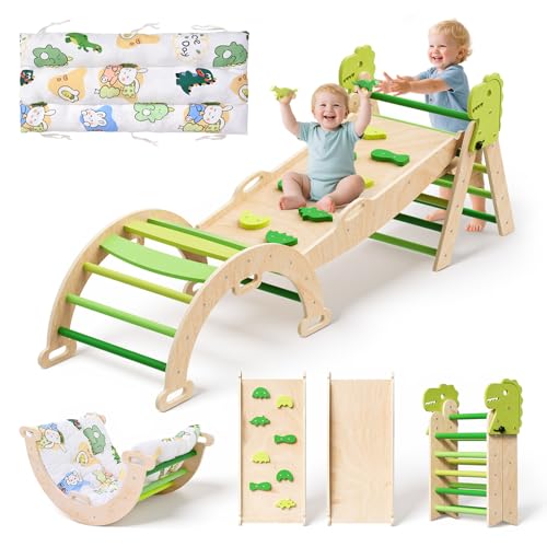 Lischwert 9 in 1 Montessori Indoor Spielset: Klettergerüst mit Rutsche, Bogen & Matte mit Dinosaurier Design – für Kleinkinder und Kinder 1-3 Jahre von Lischwert
