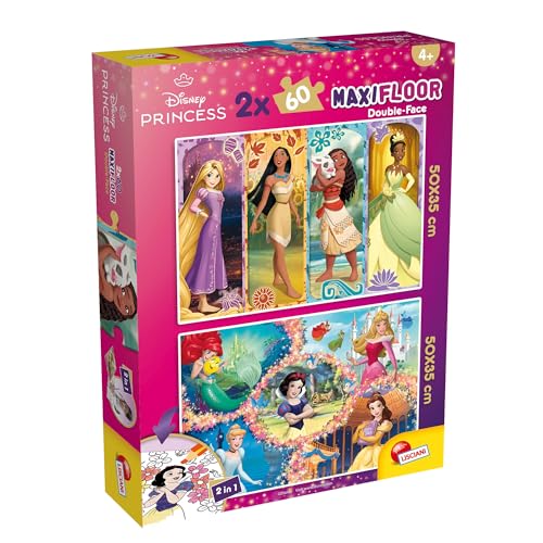Lisciani - Puzzle Disney Prinzessinen Maxifloor - 2x60 Teile - Doppelseitig für Kinder ab 4 Jahren - Rückseite mit Ausmalmotiven - Format 50x35 cm - Kreatives Spiel - Geschenkidee zum Geburtstag von Lisciani Giochi
