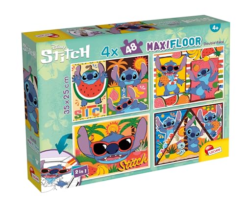 Lisciani - Puzzle Disney LILO & Stitch Maxifloor - 4x48 Teile - Doppelseitig für Kinder ab 4 Jahren - Rückseite mit Ausmalszenen - Format 35x25 cm - Kreatives Spiel - Geschenkidee zum Geburtstag von Lisciani Giochi