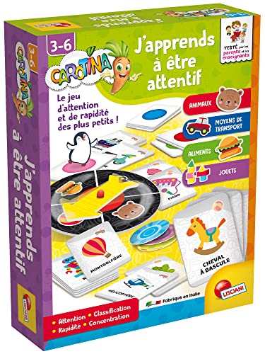 Liscianigiochi - Ich lerne aufmerksam zu Sein – Lernspiel – Schnelligkeitsspiel – Tiere, Transportmittel, Lebensmittel – für Kinder von 3 bis 6 Jahren – Carotina von Liscianigiochi