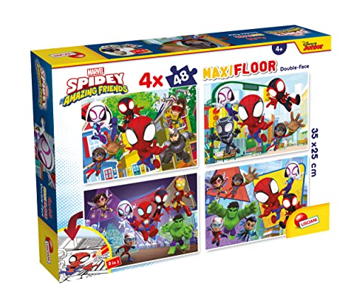 Lisciani - MARVEL Puzzle MAXIFLOOR Spidey Amazing Friends - 100378 - Puzzle Doppelseitig 4x48 Teile - Rückseite zum Ausmalen - Denk- und Geduldspiel - Lernspiel - Für Kinder ab 4 Jahren von Lisciani