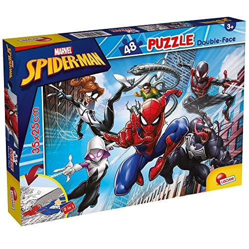 Liscianigiochi - Marvel Puzzle DF, 99627 - Doppelseitiges Puzzle M-Plus 48 Teile - Spiderman - 25x35 cm - Fördert Kreativität, Feinmotorik und Vorstellungskraft von Lisciani
