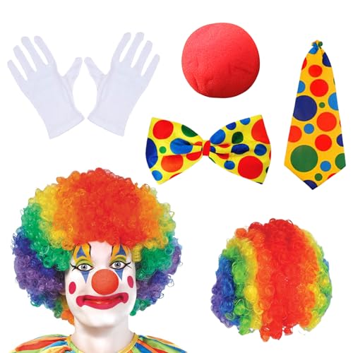 Lithyc 5-Teiliges Clown KostüM Set Mit Bunter Clown-PerüCke,Nase, Fliege, Krawatte und Handschuhen,Zirkus ZubehöR,für Damen Herren KarnevalskostüMe von Lithyc