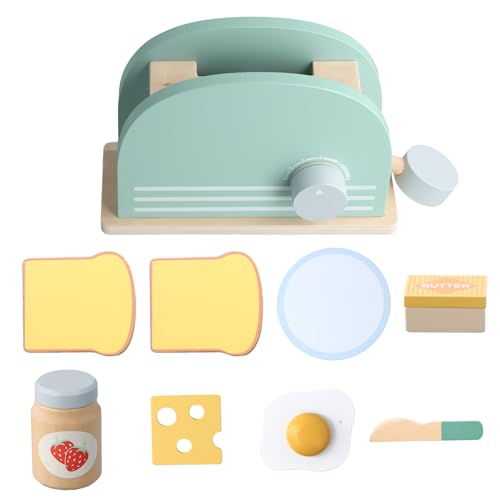 Litinliv 9 STK Kinderküche Z zubehör Holz Toaster, Pop Up Toaster Spielzeug Kinder mit Toast, Spiegelei, Butter und Marmelade, Holzspielzeug Spielküche Zubehör für Kinder ab 3 Jahren von Litinliv