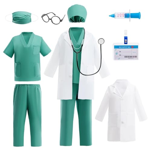 Lito Angels Arztkostüm Kinder Set mit Kittel, OP-Kleidung, Haube, Maske und Medizinisches Zubehör für Jungen Mädchen, Berufetag, Rollenspiel, Halloween, Cosplay, Alter 4-5 Jahre 110 Grün Lito Angels Arztkostüm Kinder Set mit Kittel, OP-Kleidung, Haube, Maske und Medizinisches Zubehör für Jungen Mädchen, Berufetag, Rollenspiel, Halloween, Cosplay, Alter 4-5 Jahre 110 Grün von Lito Angels