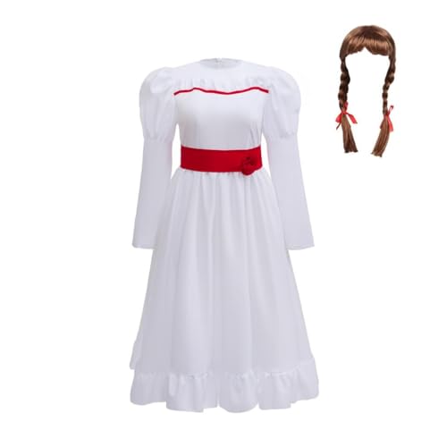 Lito Angels Costume Annabelle Bambola Diabolica Vestito Bianco con Cintura Rossa e Parrucca per Bambina Halloween Carnevale Festa Scolastica Settimana del Libro Eta 8-9 Anni 134 von Lito Angels