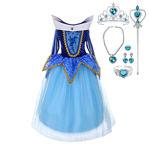 Lito Angels Dornröschen Prinzessin Aurora Kleid Kostüm Verkleidung mit Zubehör für Kinder Mädchen Größe 5-6 Jahre 116, Blau von Lito Angels