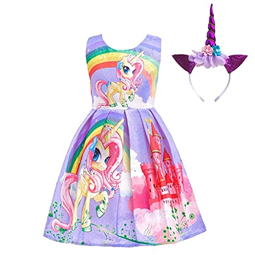 Lito Angels Einhorn Kleid Kostüm mit Haarreifen für Kinder Mädchen, Little Pony Prinzessin Sommerkleid Geburtstag Kinderkleidung, Größe 7-8 Jahre 128, Stil C - Lila von Lito Angels
