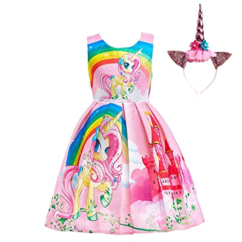 Lito Angels Einhorn Kleid Kostüm mit Haarreifen für Kinder Mädchen, Little Pony Prinzessin Sommerkleid Geburtstag Kinderkleidung, Größe 7-8 Jahre 128, Stil C - Rosa von Lito Angels