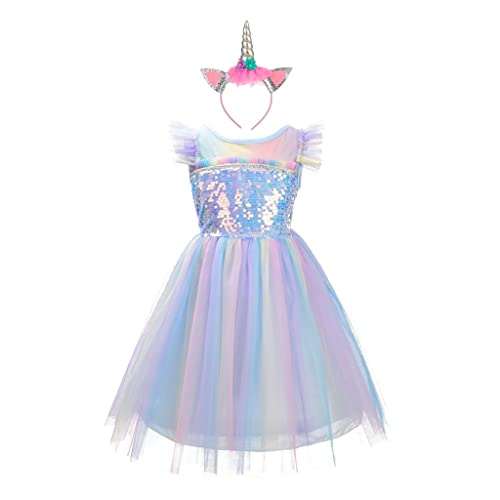 Lito Angels Einhorn Prinzessin Kleid mit Horn Haarreif für Kinder Mädchen, Blau Regenbogen Tüllkleid, Größe 10-12 Jahre 146 152 (Tag-Nummer 160) von Lito Angels