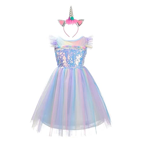 Lito Angels Einhorn Prinzessin Kleid mit Horn Haarreif für Kinder Mädchen, Blau Regenbogen Tüllkleid, Größe 5-6 Jahre 116 (Tag-Nummer 130) von Lito Angels