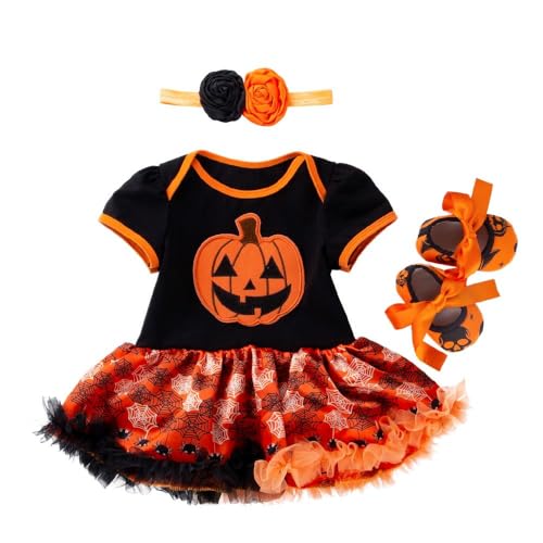 Lito Angels Halloween Kürbis Kostüm Kleid Verkleidung für Baby Mädchen, Body Strampler Onesie mit Stirnband und Schuhe Größe 9 Monate 74 von Lito Angels