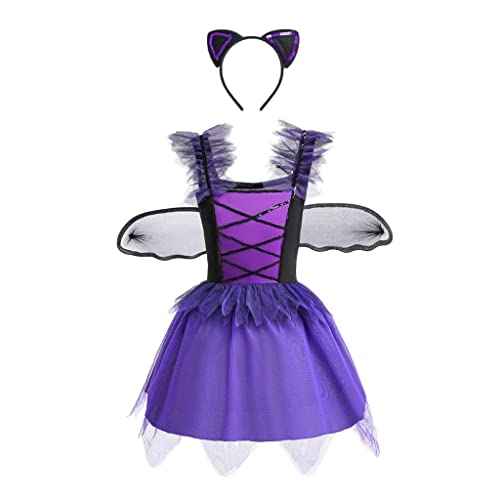Lito Angels Hexenkostüm Fledermaus Kostüm Kleid mit Flügel und Katze Ohren für Kinder Mädchen Größe 6-7 Jahre 122, Violett (Tag-Nummer 0M) von Lito Angels