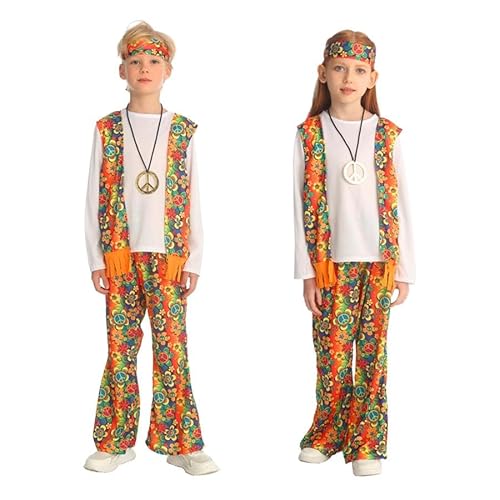 Lito Angels Hippie Kostüm für Kinder 70er Jahre Peace & Love Fancy Dress Outfit mit Halskette Stirnband Schlaghose für Buchtag Karneval Halloween Parade Retro Party Alter 7-8 Jahre von Lito Angels