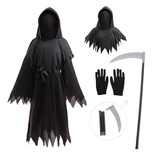 Lito Angels Kinder Sensenmann Kostüm 9-10 Jahre Jungen Mädchen mit schwarzem Umhang, Kapuze, Handschuhen, Sense und Gürtel für Halloween, Karneval, Schule und Theater, Größe 140 von Lito Angels
