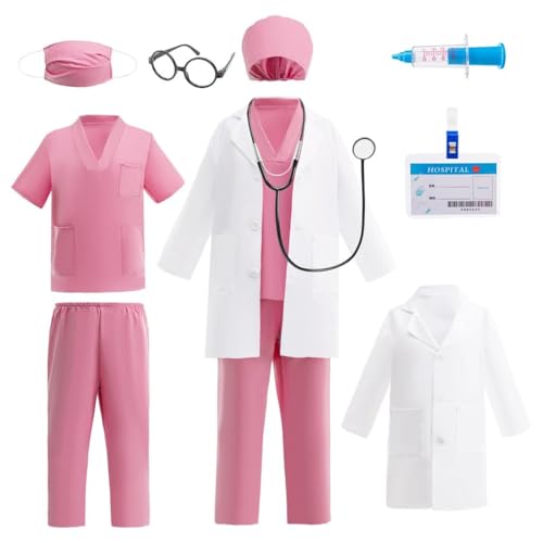 Lito Angels Krankenschwester Kostüm Kinder Set mit Kittel, OP-Kleidung und Medizinisches Zubehör für Mädchen, Berufetag, Arzt, Rollenspiel, Halloween, Cosplay, Alter 8-9 Jahre 134 Rosa von Lito Angels