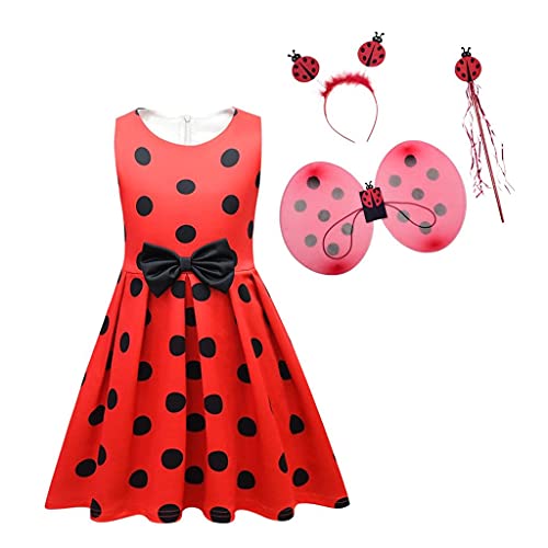 Lito Angels Ladybug Marienkäfer Kostüm Kleid mit Flügeln, Haarreifen und Zubehör für Kinder Mädchen, Rot Schwarz Polka Dot Verkleidung, Größe 7-8 Jahre 128, 289 von Lito Angels