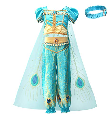 Lito Angels Prinzessin Jasmin Kleid Kostüm Verkleidung Outfit mit Schleppe und Stirnband für Kleinkind Mädchen Größe 5-6 Jahre 116 B von Lito Angels
