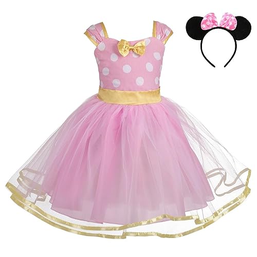 Lito Angels Minnie Mouse Kostüm für Mädchen Kinder, Mini Polka Dot Kleid Verkleidung mit Maus Ohren Haarreif, Größe 12-24 Monate 86 (Stoffetikett 100), Rosa von Lito Angels
