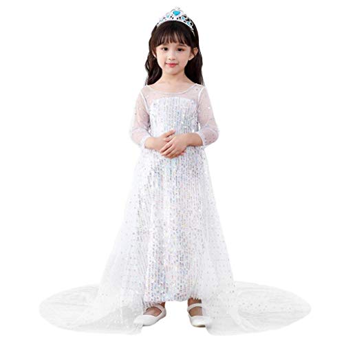 Lito Angels Eiskönigin Prinzessin Elsa Pailletten Weiß Kostüm Kleid mit Schleppe für Kinder Mädchen Verkleidung Langarm Größe 7-8 Jahre 128 von Lito Angels