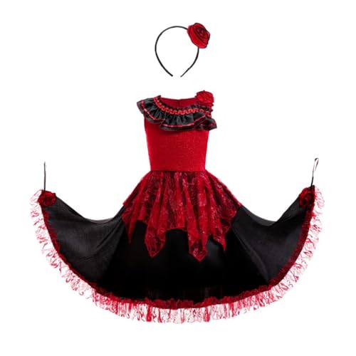 Lito Angels Flamenco-Kleid für Mädchen Rot-Schwarzes Spanisches Tanzkostüm mit Haarschleife Maxikleid für Karneval Fiesta Schulaufführung 5-7 Jahre 122 von Lito Angels