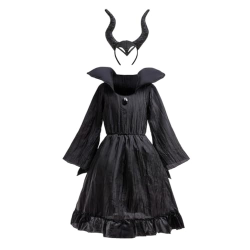Lito Angels Maleficent Karneval Kostüm Kleid Verkleidung mit Hörner Haarreif für Kinder Mädchen Größe 7-8 Jahre 128, Schwarz von Lito Angels