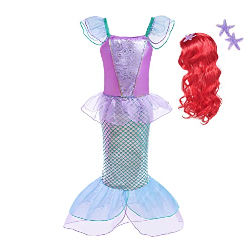 Lito Angels Meerjungfrau Prinzessin Arielle Kostüm Kleid Verkleidung mit Haar Perücke für Kinder Mädchen, Größe 6-7 Jahre 122, Lila von Lito Angels