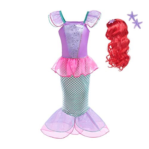 Lito Angels Meerjungfrau Prinzessin Arielle Kostüm Kleid Verkleidung mit Haar Perücke für Kleinkind Mädchen, Größe 3-4 Jahre 104, Heißes Rosa von Lito Angels