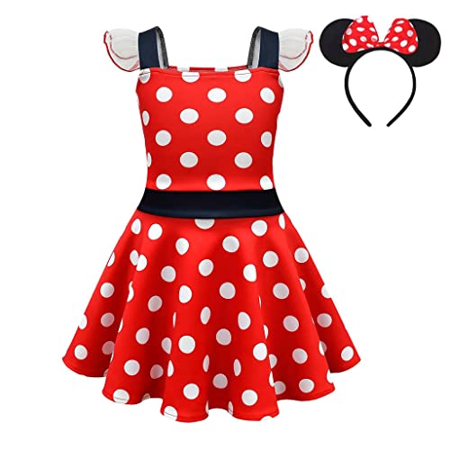 Lito Angels Minnie Mouse Kleid Kostüm Verkleidung mit Maus Ohren Haarreifen für Kinder Mädchen Größe 5-6 Jahre 116, A - Rot von Lito Angels