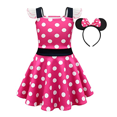 Lito Angels Minnie Mouse Kleid Kostüm Verkleidung mit Maus Ohren Haarreifen für Kinder Mädchen Größe 6-7 Jahre 122, A - Pink von Lito Angels