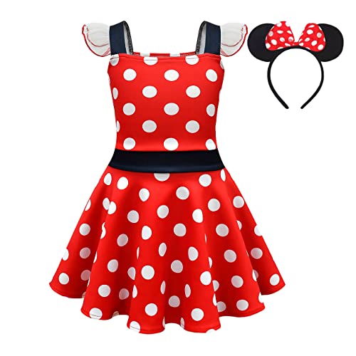 Lito Angels Minnie Mouse Kleid Kostüm Verkleidung mit Maus Ohren Haarreifen für Kleinkind Mädchen Größe 2-3 Jahre 98, A - Rot von Lito Angels